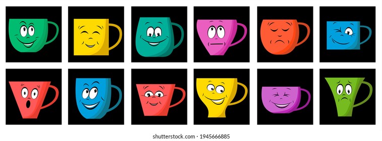 Set of cups with a face and a smile for coffee and tea, vector drawing in cartoon style. Icons for web screensavers.
