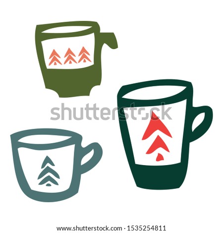 Set of cups with firs. Colourful, possitive design for decorations. Graphic simple hand drawn cups. Green, red, blue, pink. Christmas and New Year theme, Birthday party. Morning coffee, tea, cacao