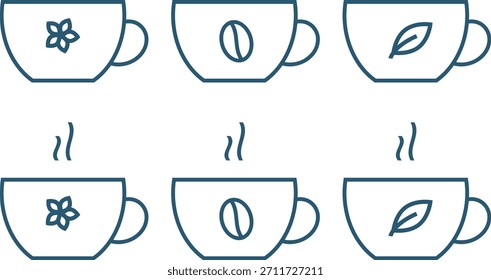 Conjunto de tazas de flores y té de hierbas y café. Iconos de vector de contorno.