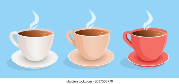 Set of cups of fresh coffee, tea on an isolated background. Design for logo, icon, banner, poster, postcard, cafe, restaurant. Flat vector illustration