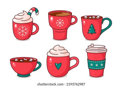 conjunto de tazas y gafas para bebidas de navidad con malvaviscos, chocolate caliente, crema. tazas de invierno para capuchino y latte. conjunto de iconos en estilo lineal. ilustración vectorial