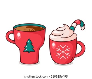 set of cups and glasses for Christmas drinks with marshmallows, hot chocolate, cream. winter cups for cappuccino and latte. set of icons in linear style. vector illustration