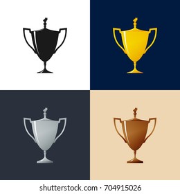 Set of Cups , Gold , Silver ,Bronzed and Silhouette Trophy Cup of Winners , Vector Illustration