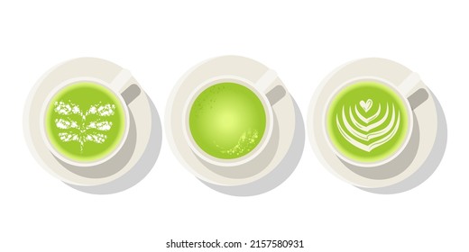 A set of cups with green matcha tea. Japanese matcha latte tea.  Top view of a teacup.Vector illustration of an organic drink.