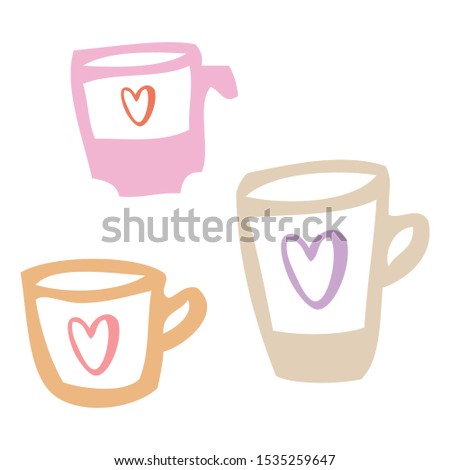 Set of cups with hearts. Colorful, possitive design for decorations. Graphic simple hand drawn cups. Orange, pink, red. Love, Christmas and New Year theme, Birthday party. Morning coffee, tea, cacao