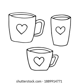 Set of cups with hearts, vector doodle illustration