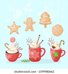 A set of cups of hot chocolate with cookies on top. Christmas drink on a winter background. Red mug of cocoa to go. Seasonal banner. Colorful vector illustration. Digital hand-drawn.