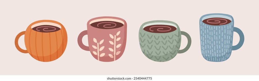 Set of cups with hot chocolate or tea. 
