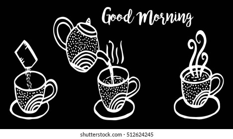Set Cups of hot coffee. Doodle vector illustration