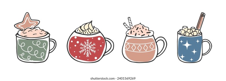 Set of Cups with Hot delicious Drinks. Line drawn mugs with chocolate, Coffee, cocoa and cream. Doodle winter Seasonal elements for design Isolated on white. Cozy Hand drawn illustration