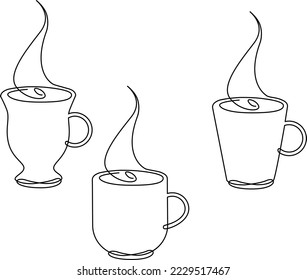 Set of cups with hot drink. Continuous line drawing. Vector illustration