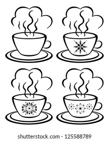 Set cups with a hot drink and floral pattern, black contour on white background. Vector