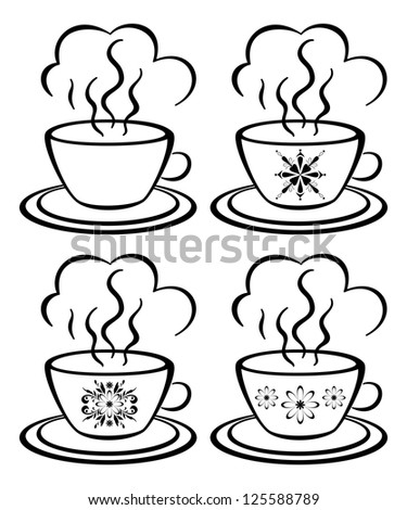 Set cups with a hot drink and floral pattern, black contour on white background. Vector