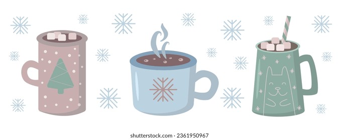 Conjunto de tazas con bebidas calientes. Ilustración acogedora. Vector de estilo de dibujos animados.
