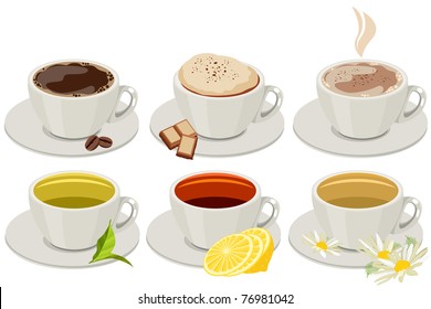 Set of cups with hot drinks. No gradients,no meshes