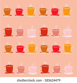 set of cups with hot drinks and smoky colors like red, orange, and pink.