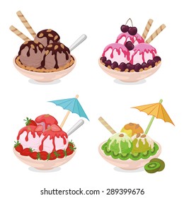 Set Cups with Ice Cream, Strawberries and Cherries, Kiwi, Almond Nuts, Wafers, Spoons and Umbrellas. Vector