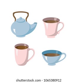 Set of cups with a kettle of blue and pink color. Vector illustration.