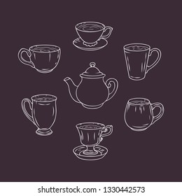 Set of cups and kettle. White sketch on a black background. Vector illustration.