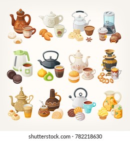 Set of cups, kettles and desserts traditional in different places of the world.  Different kinds of tea in various teapots. Vector  illustrations. Each element can be used separately. 