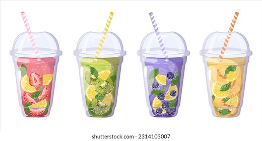 Set of cups with lemonade. Summer drinks. Cup of fruity organic shake. Fruit cocktail.