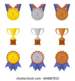 Set of cups and medals icons in flat style