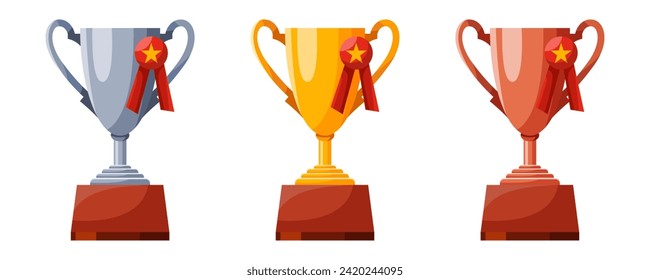 Set of cups with medals. Winners cups, awards. Champions trophy, winning goblets. Prize reward icons. Shiny champion's cups for championships. Symbols of victory in a sporting event, competition