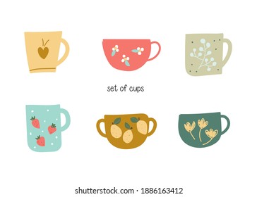 Conjunto de tazas de estilo moderno y plano. elementos aislados sobre un fondo blanco. impresiones para el diseño de folletos, postales, cuadernos, carteles, tarjetas. Silencio para bebidas.