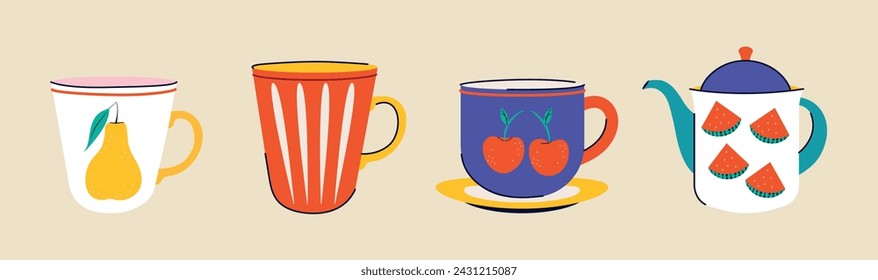 A set of cups in a modern trendy style. Groovy design. Cups, teapot, kettle for drinks, tea, coffee. Vector illustration. Isolated. Hand drawn dishes, plate, vase, Flowers, berries, fruits. Elements. 