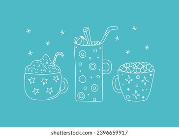Un conjunto de tazas y una taza con postres. Dibujos, garabatos. Café, té en una taza, dulces. Preparamos un delicioso postre de leche de cacao en tazas, verter malvaviscos, bebida caliente. Bolas de cacao dulces 