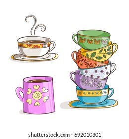 Set of cups and mug. Vector illustration. Tea and coffe time.