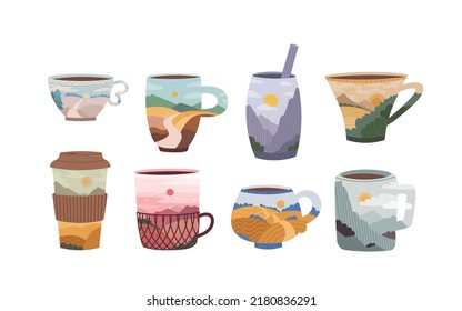 Set of cups and mugs of coffee and tea with a landscape inside. Coffee to go, mate, cocoa, etc. Mountains, hills, sky and clouds. Vector flat illustration isolated on white background for your design