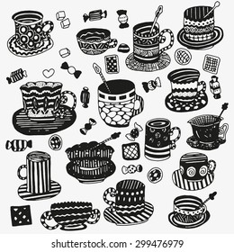 set of cups and mugs. Doodle, pattern, zentangle, coffee or tea time, cupcake, cups, candy, lollipops. Stock vector.