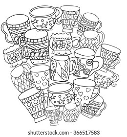 Set with cups and mugs. Hand drawn zentangle. Vector illustration eps 10 for your design. Black and white background.