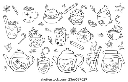 Conjunto de tazas y tazas con bebidas calientes. Esbozo dibujado a mano de té de chocolate caliente de café. Ilustración de doodle para café y cafetería. Recogida de copas de invierno 