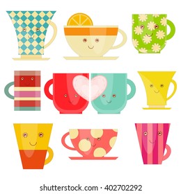 Set of Cups and Mugs Isolated on White Background. Vector Illustration.