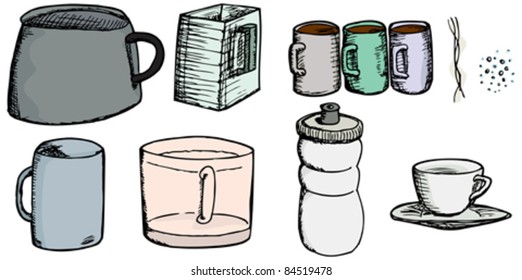 Set of cups, mugs, pot, pitcher, bottle, steam and effervescence