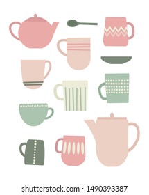 Set of cups, mugs and teapots. Cozy flat vector illustration. Hygge time.