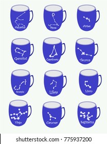 a set of cups with the name and constellations of the zodiac