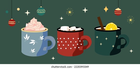 A set of cups in New Year's or Christmas style. Cup with hot drink cocoa with marshmallows, coffee, mulled wine. Mug with a cosy winter pattern. Delicious warming drink on a green background