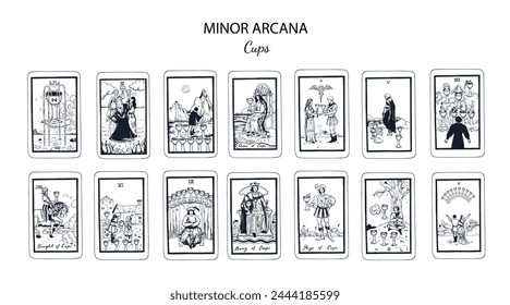 Set of Cups, in occult tarot cards deck. Minor arcanas designs set with Ace, Knight, King, Queen, Page of Cups signs and symbols in modern style. Isolated hand drawn  vector illustrations