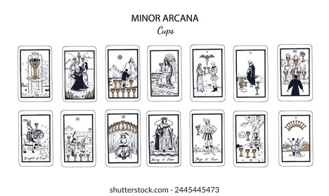 Conjunto de tazas, en cubierta oculta de cartas de tarot. Diseños de arcanas menores engastados con los signos y símbolos de As, Caballero, Rey, Reina, Página de Copas en estilo moderno. Ilustraciones vectoriales dibujadas en mano aisladas