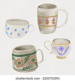 Set of cups on a white background. Watercolor illustration of tea cups.