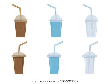 Set of cups with plastic lid and straw for coffee, tea, cappuccino, espresso. Vector illustration