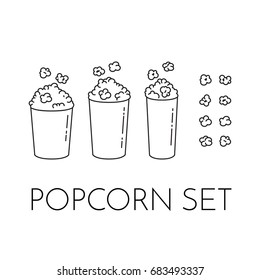 Set of cups with popcorn and kernels flying into the bucket. Different sizes of popcorn boxes isolated on white background. Modern line art style vector illustration. 