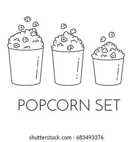Set of cups with popcorn and kernels flying into the bucket. Different sizes of popcorn boxes isolated on white background. Modern line art style vector illustration. 