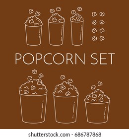 Set of cups with popcorn and kernels flying into the bucket. Different sizes of popcorn boxes isolated on white background. Modern line art style vector illustration.