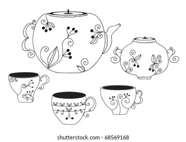 Set of cups and pot with floral pattern