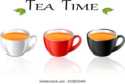 Set of cups with reflection.Vector illustration with a set of colorful tea cups with reflection on a transparent background.