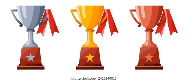 Set of cups with ribbons. Winners cups, awards. Champions trophy, winning goblets. Prize reward icons. Shiny champion's cups for championships. Symbols of victory in a sporting event, competition